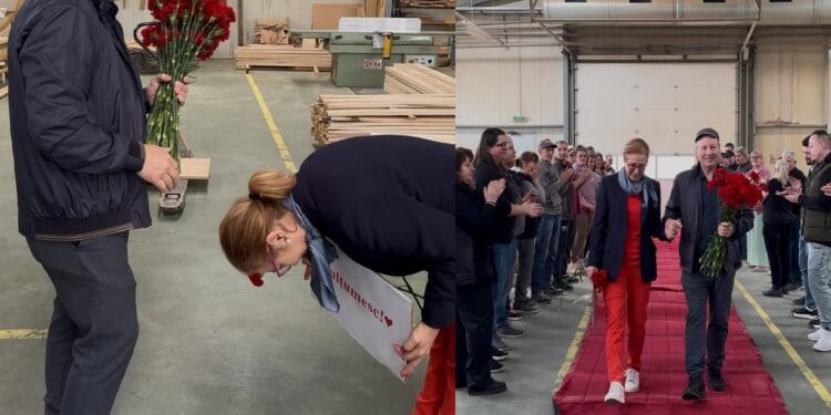 Pensionare în România de Cartea Recordurilor. Defilare pe covorul roșu, iar patroana în plecăciuni în fața pensionarului