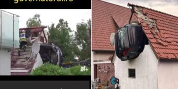 VIDEO. Accident extrem de bizar. O mașină a fost catapultată într-un acoperiș. Mai întâi a lovit un copil la un loc de joacă!
