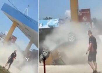 Scene de groază. A aterizat cu mașina într-o benzinărie, după care autoturismul i-a luat foc, spre disperarea tuturor!