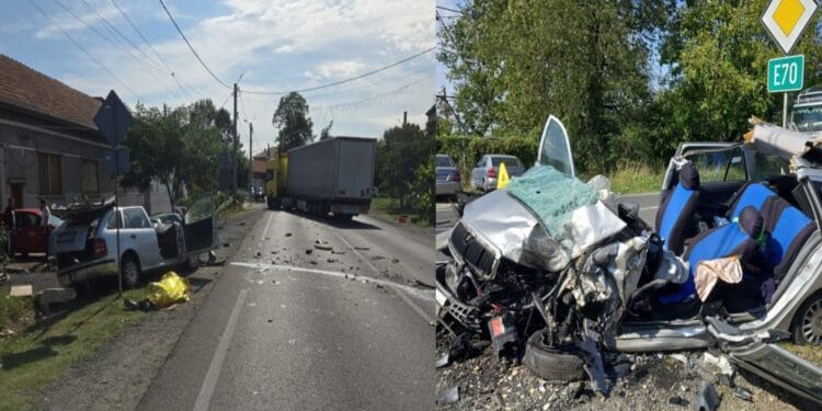 Grav accident de circulație pe drumul morții. O mașină a intrat sub un Tir. Autoturismul rupt, în două, șoferul mort!