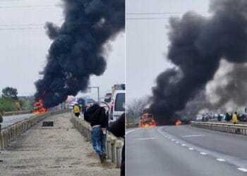 Tir în flăcări pe A1! Traficul rutier a fost oprit pe ambele sensuri de mers! Șoferul s-a autoevacuat la timp!