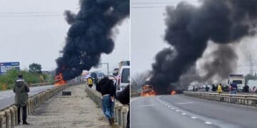 Tir în flăcări pe A1! Traficul rutier a fost oprit pe ambele sensuri de mers! Șoferul s-a autoevacuat la timp!