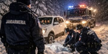 Misiune de salvare în miez de noapte! O familie cu trei copii, scoasă din nămeți de jandarmii montani!