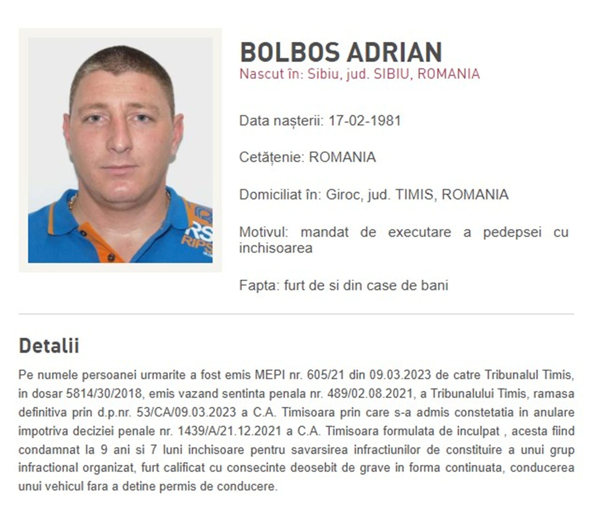 Fugar din categoria „Most Wanted”, adus în România. Condamnat la aproape 10 ani pentru furturi de sute de mii de euro