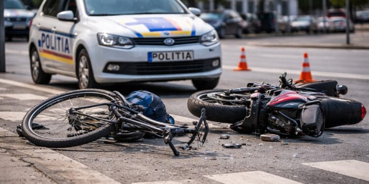 Accident! Biciclist și motociclist răniți după o traversare pe roșu