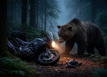 Urmărit de urs în pădure, un tânăr a fugit disperat și și-a abandonat motocicleta. Salvare contra cronometru a jandarmilor