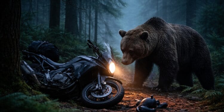 Urmărit de urs în pădure, un tânăr a fugit disperat și și-a abandonat motocicleta. Salvare contra cronometru a jandarmilor