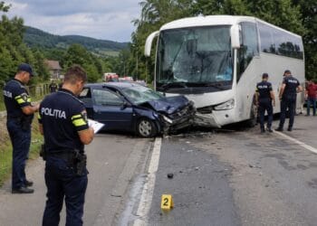 Accident între un autocar cu 50 de persoane și o mașină! O femeie și fiica ei de 7 ani au fost rănite