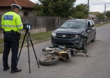 Accident! Un bărbat și o fetiță de 6 ani, răniți după impactul dintre un motocros și o mașină