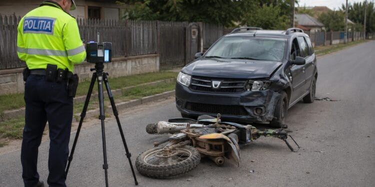 Accident! Un bărbat și o fetiță de 6 ani, răniți după impactul dintre un motocros și o mașină