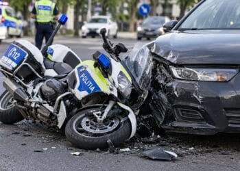 Polițist pe motocicletă, rănit într-un accident! Autospeciala s-a izbit de o mașină